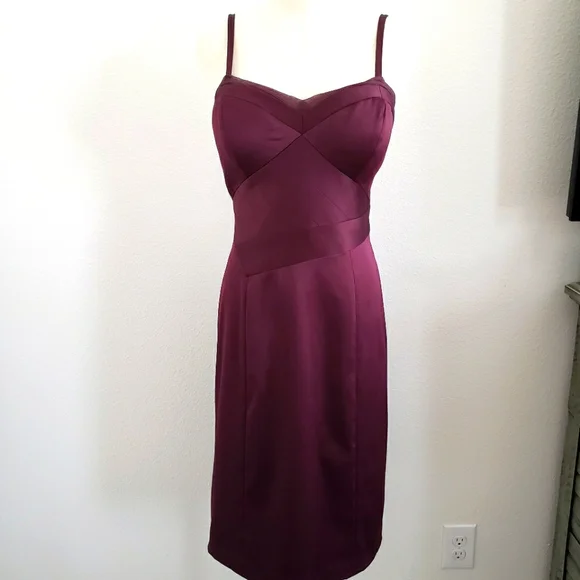 MAX & CLEO Burgundy Satin Strappy Bodycon Sleeveless Knee Length Dress--EUC--8 - Picture 1 of 16